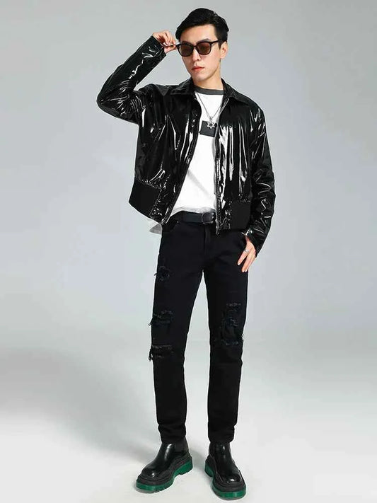 Black Shiny Reflective Patent PU Leather Jacket