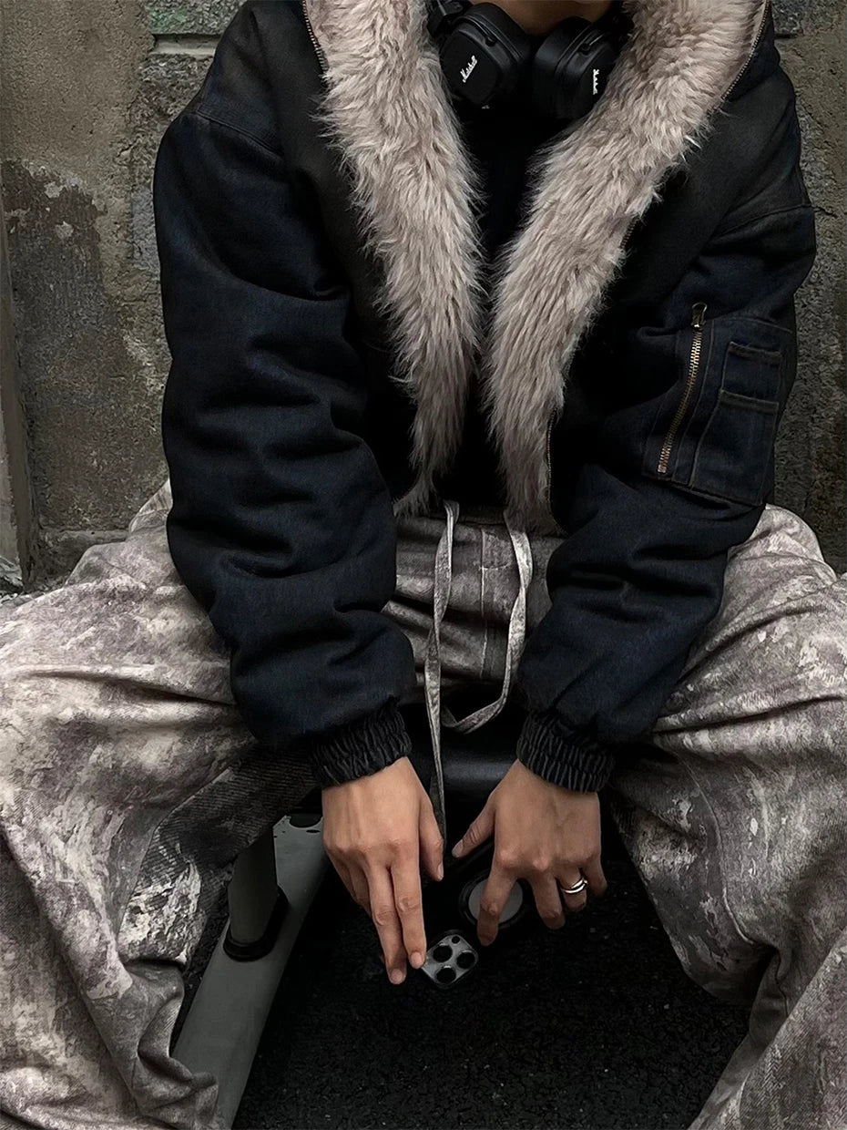 Coal Black Washed Fur Hooded Jacket