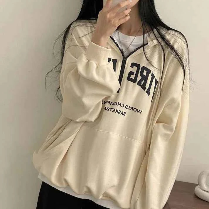 Cozy Zip-Up Letter Print Half Zipper Hoodie