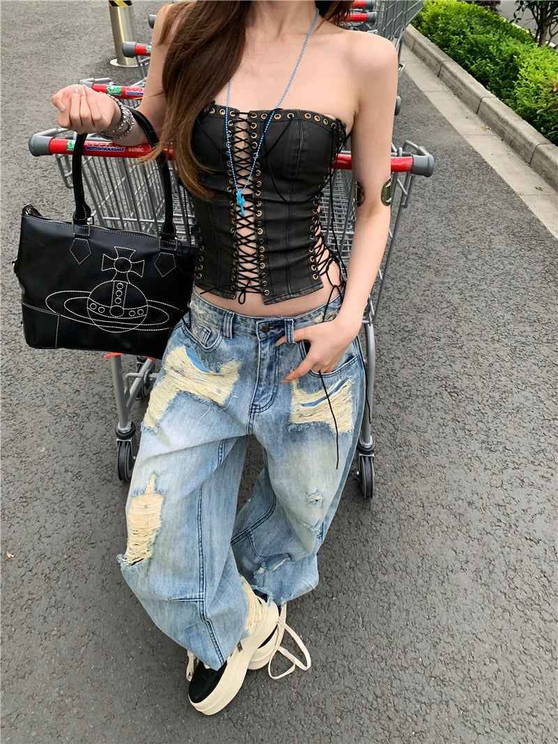 Breathable Comfort Vintage Ripped Wide Leg Jeans