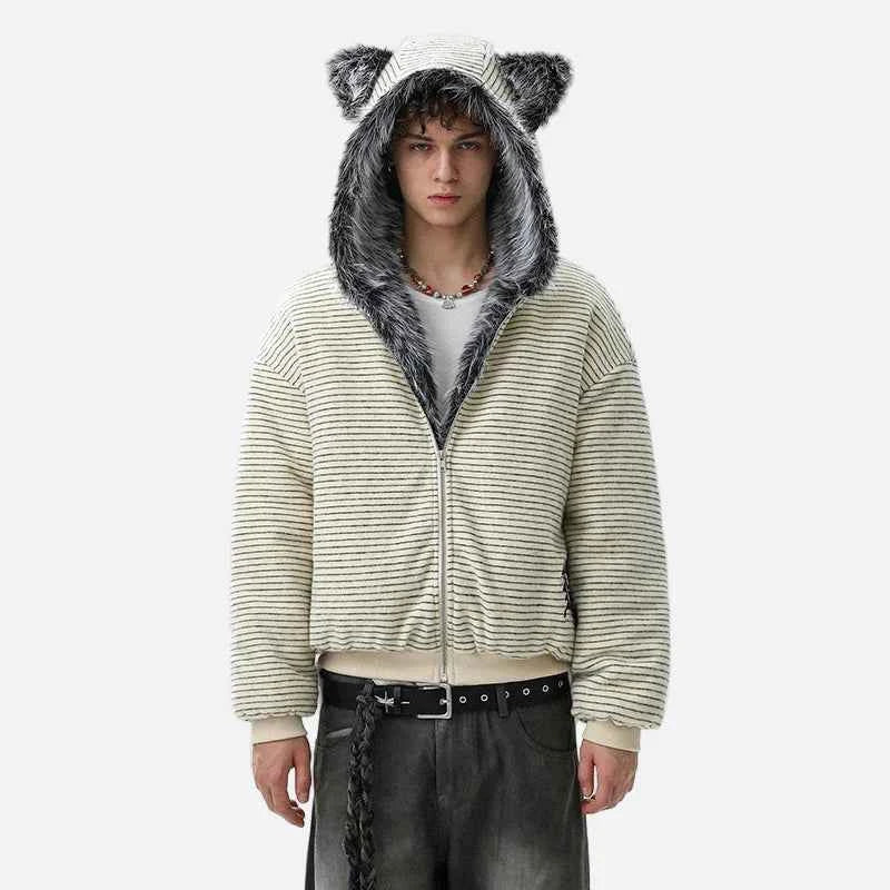 Brushed Striped Rabbit Faux Fur Hooded Jacket
