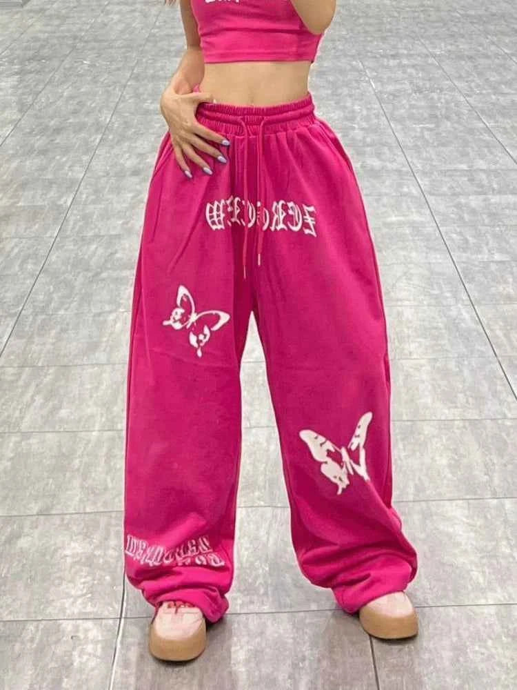 Pink Y2K Bufferfly Pattern Wide Leg Sweatpants