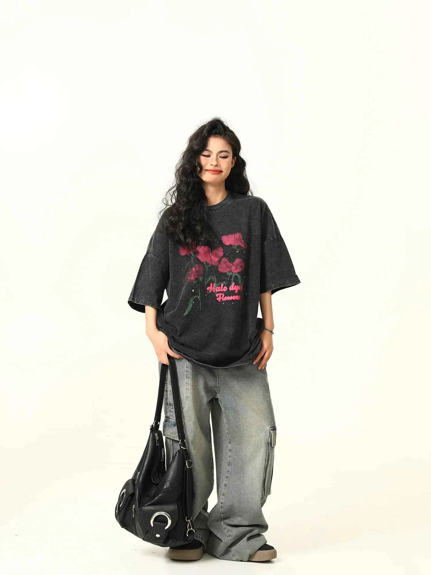 Washed Black Rose Print Round T-Shirt