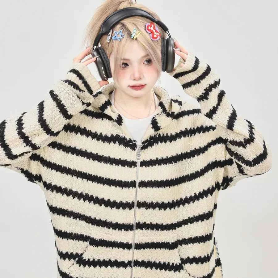 Striped Print Long Sleeve Hooded T-Shirt