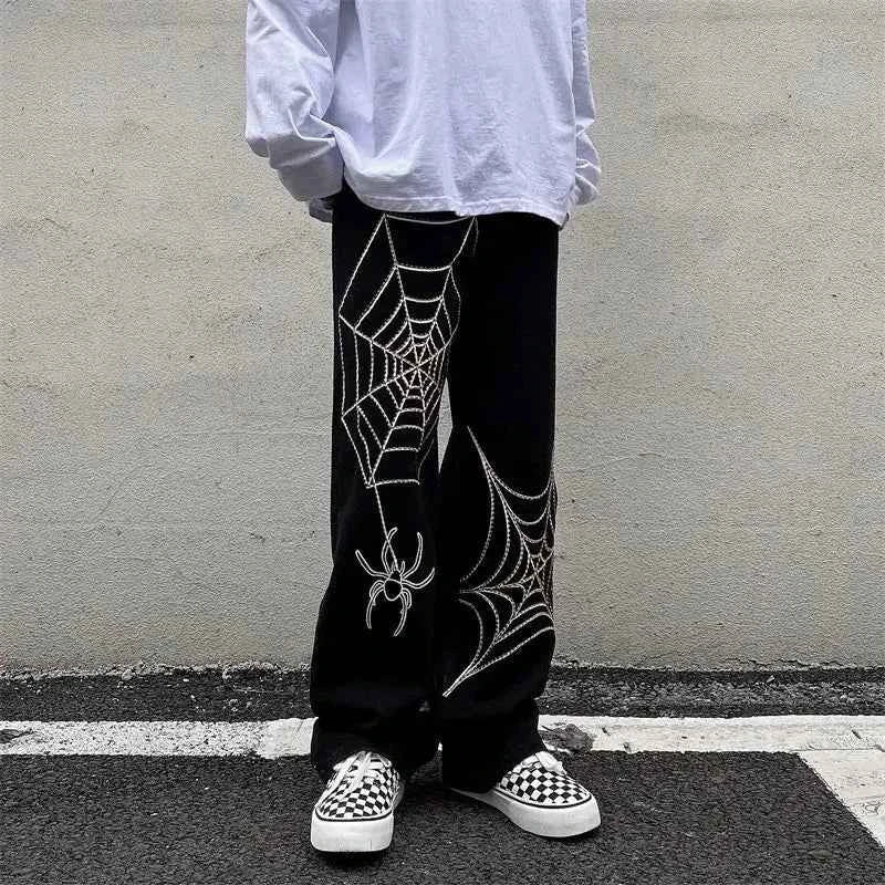 Vintage Spider Streetwear Black Wide Leg Pants