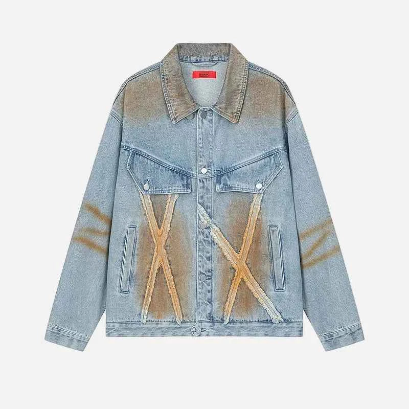 Streetwear Bold Gradient Distressed Denim Jacket