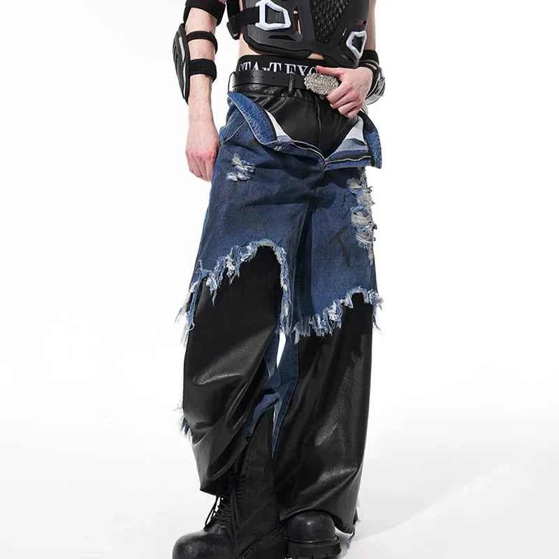 Unique Patchwork Leather Painted Wide Leg Jeans