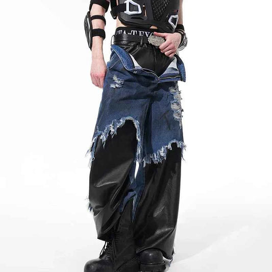 Unique Patchwork Leather Painted Wide Leg Jeans