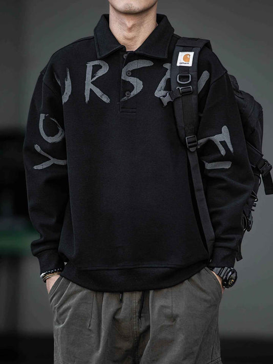 Oversized Letter Print Black Polo Sweatshirt