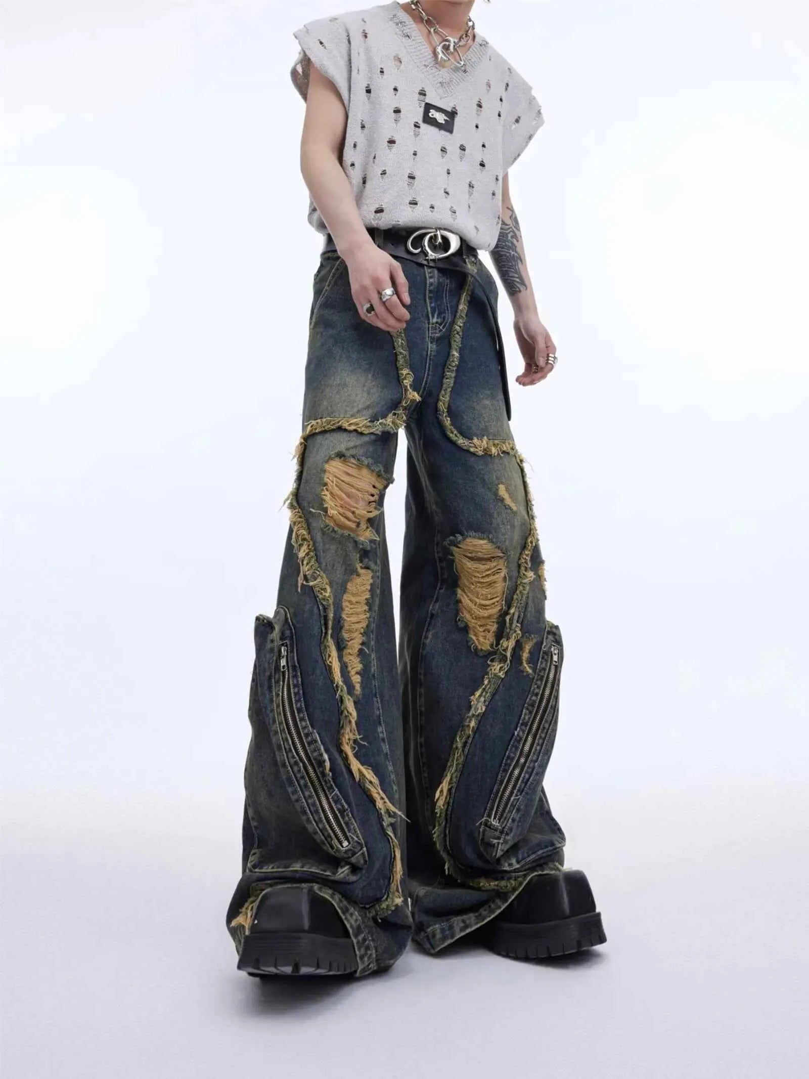 Y2K Streetwear Vintage Splicing Burr Edge Ripped Jeans