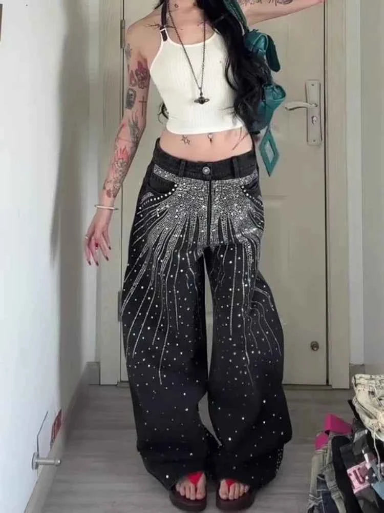 High quality rhinestone wide fit Jeans