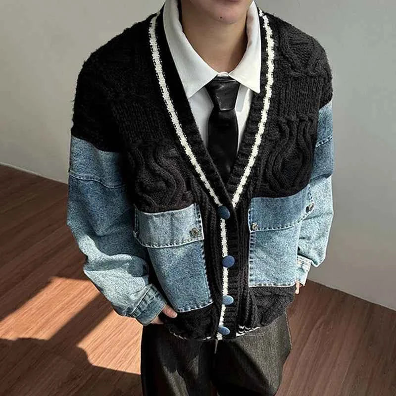 Lightweight Patchwork V-Neck Denim Cardigan