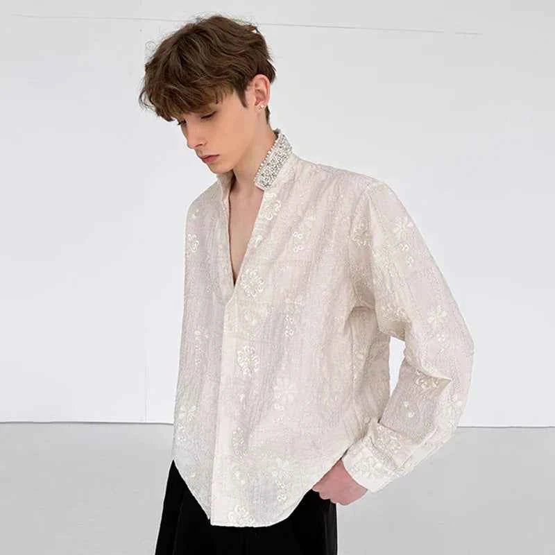 Luxury Pearl Patchwork Long Sleeve Shirt