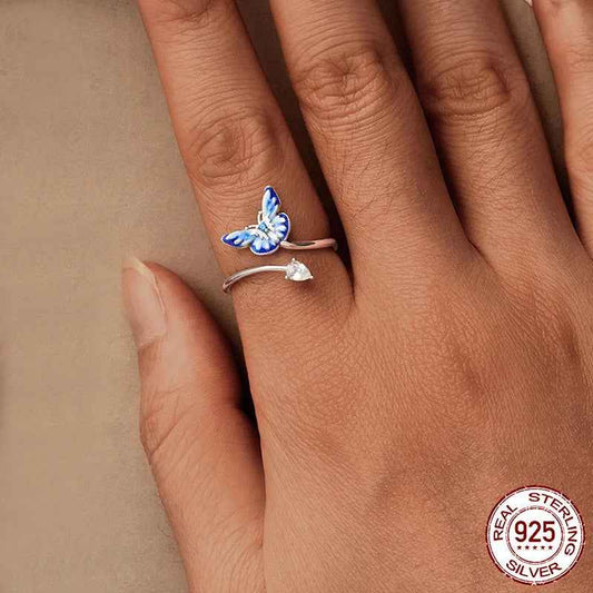 Women Adjustable Blue Enamel Butterfly Ring