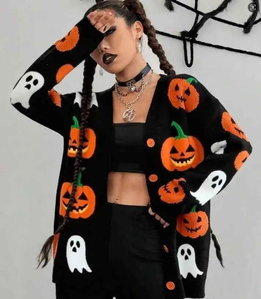 Halloween Cozy Pumpkin Pattern Knit Cardigan