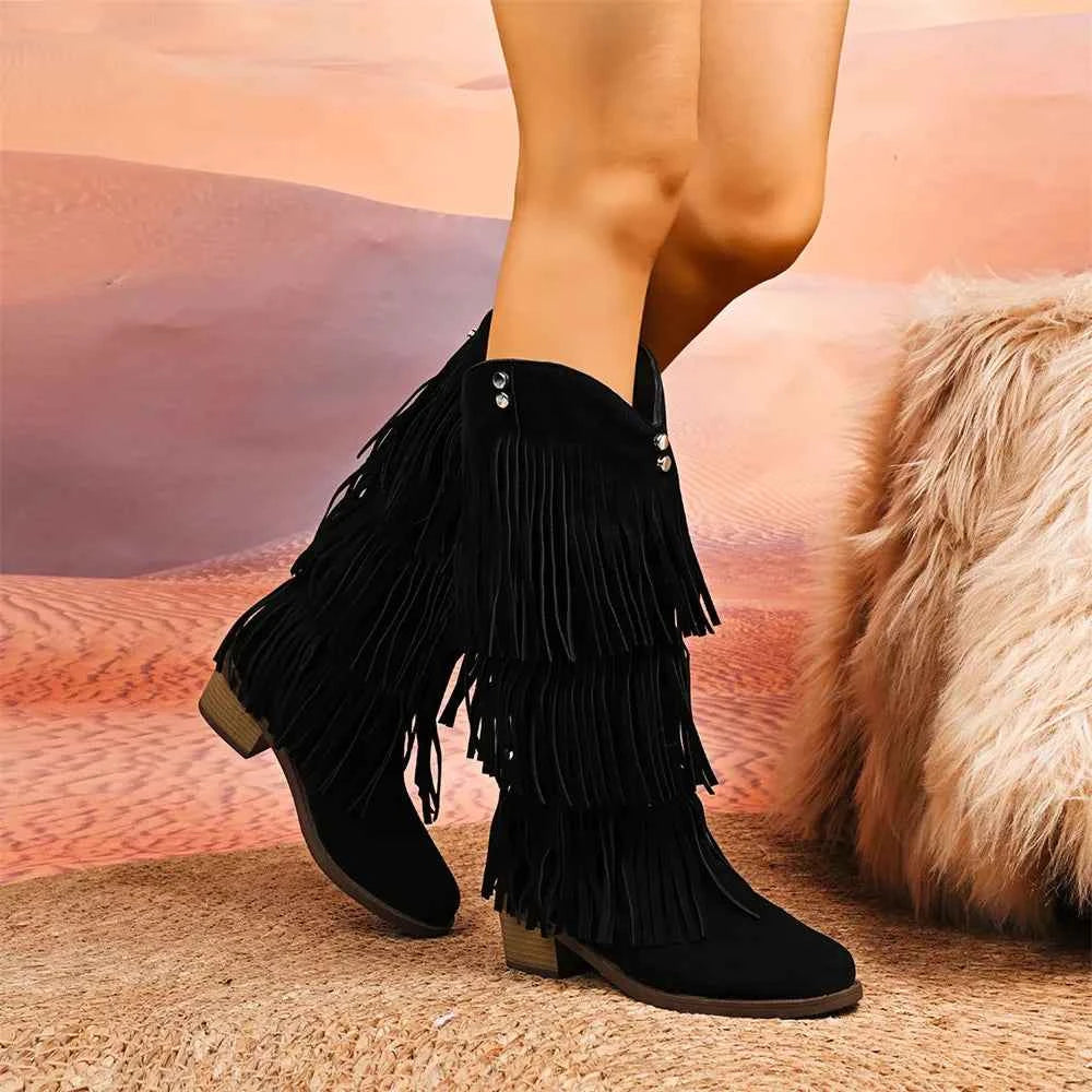 Retro Tassels Cowboy Fringe Knee High Boots