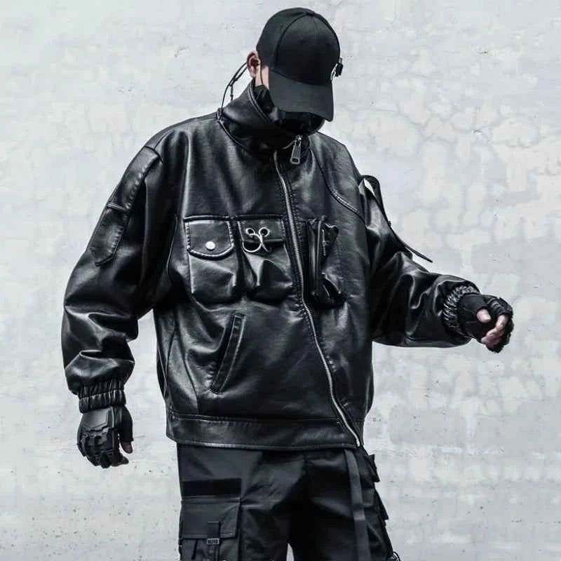 Patchwork Tactical Function PU Leather Jacket
