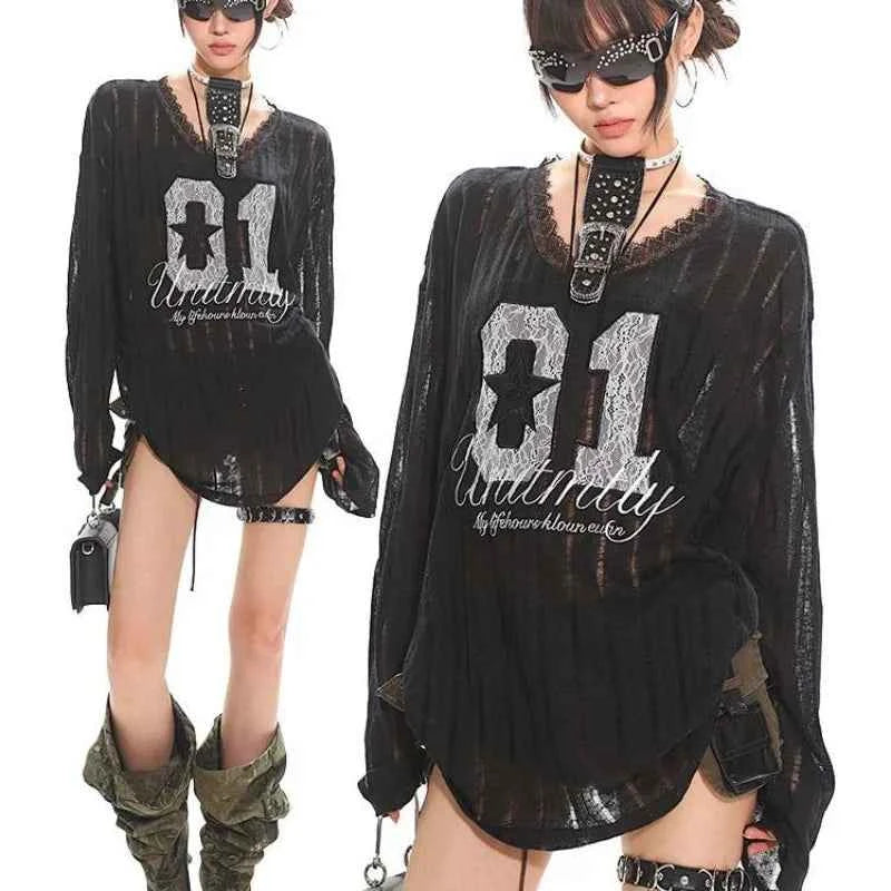 Hollow Out Lace Sexy V-Neck Long Sleeve T-Shirt