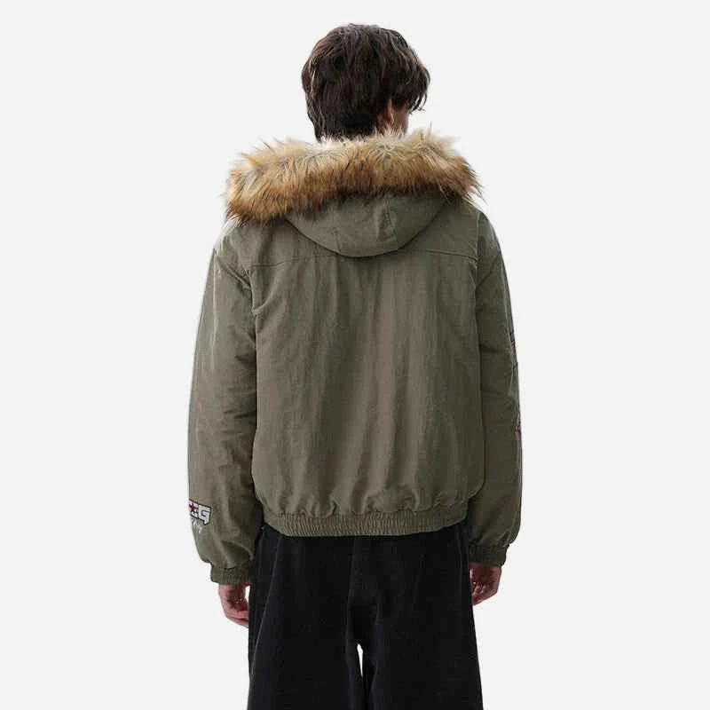 Handsome Original Embroidered Faux Fur Hooded Jacket