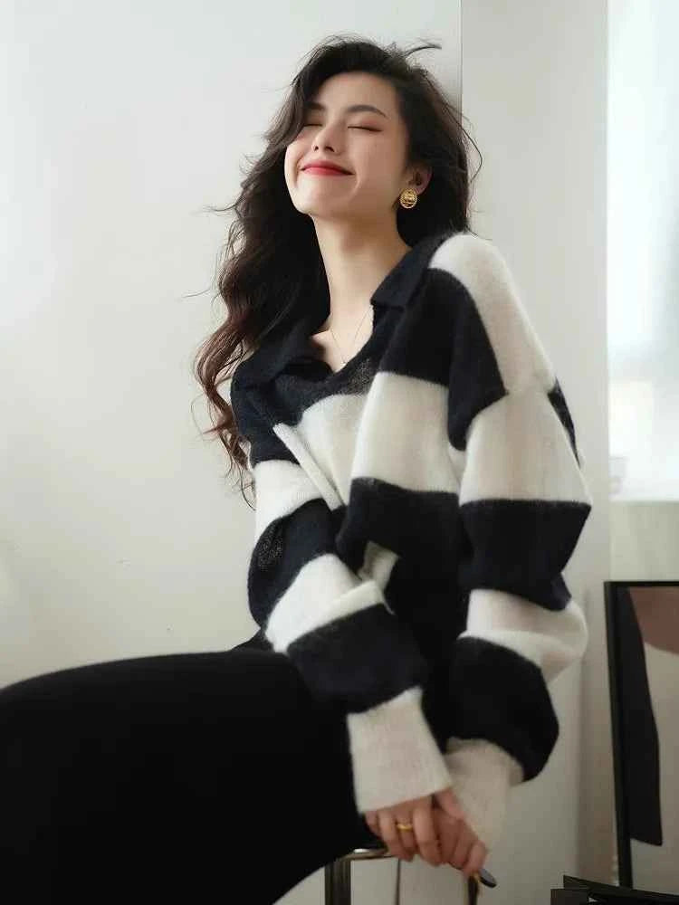 Comfy Striped Mohair Wool Polo Collar Sweater