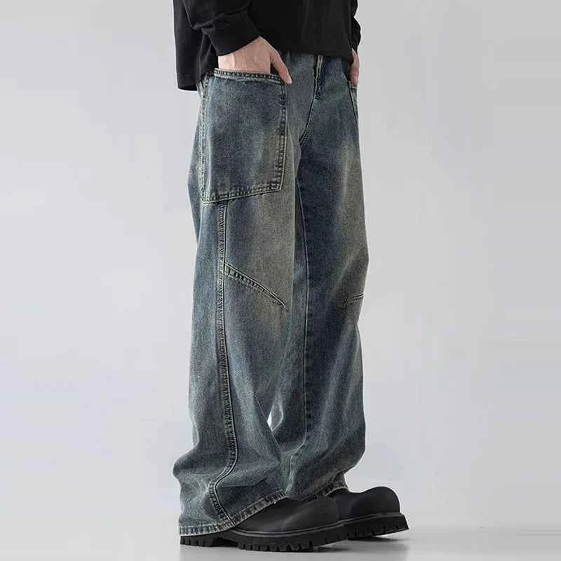 Retro Blue Korean Style Workwear Cargo Jeans