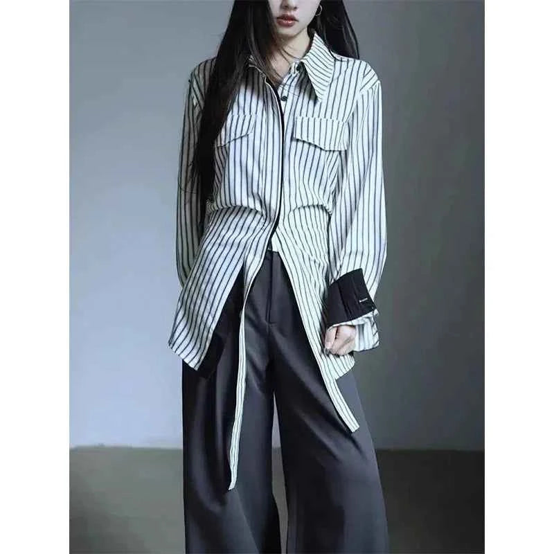 Elegant Vintage Striped Patchwork Blouses Shirt