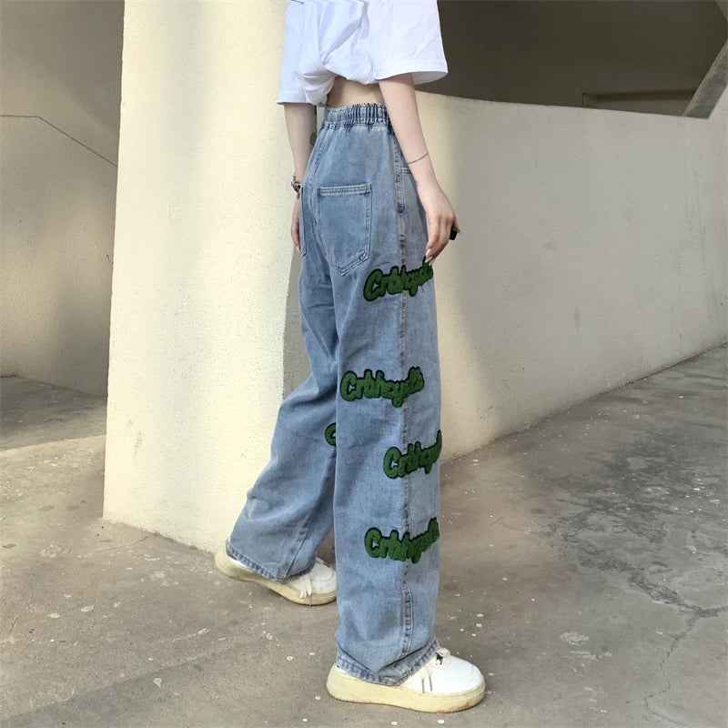 Elastic High Waist Flocked Embroidered Jeans