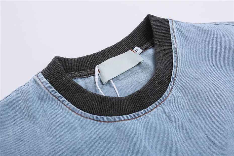 Summer Streetwear Embroidered Patch Denim T-Shirt