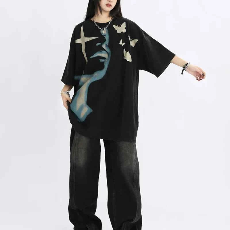 Women Retro American Style Oversized Portrait T-Shirt