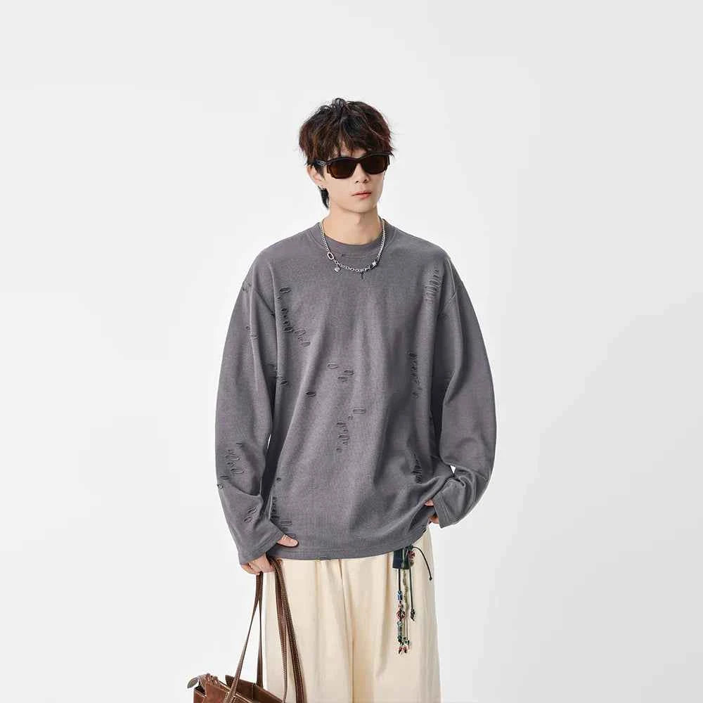 Distressed Solid Color Crew Neck Long Sleeve T-Shirt
