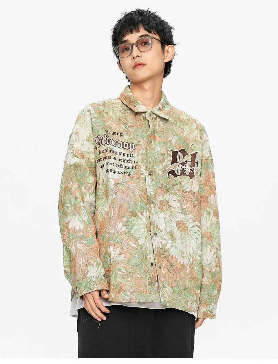 Trendy Gothic Daisy Print Varsity Jacket