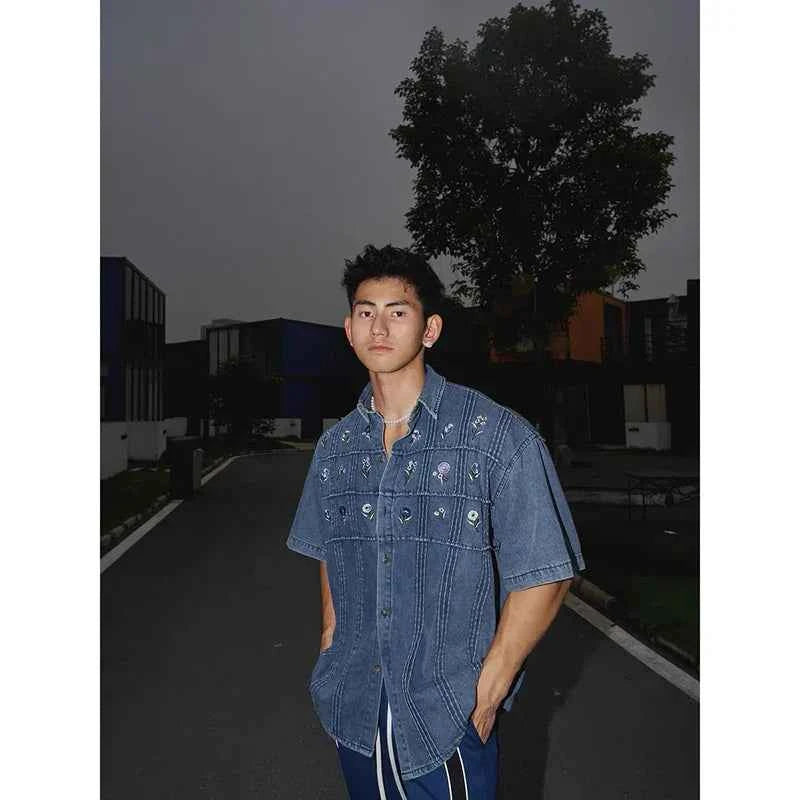 Men's Embroidered Denim Short Sleeve Shirt