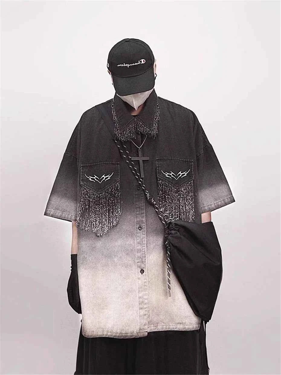 Oversized Black Tassels Denim Shirt