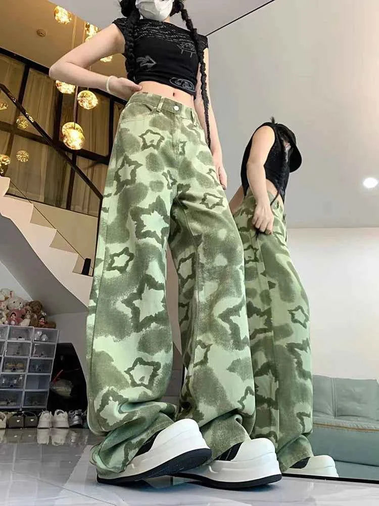 Women Green Star Camouflage High Street Jeans