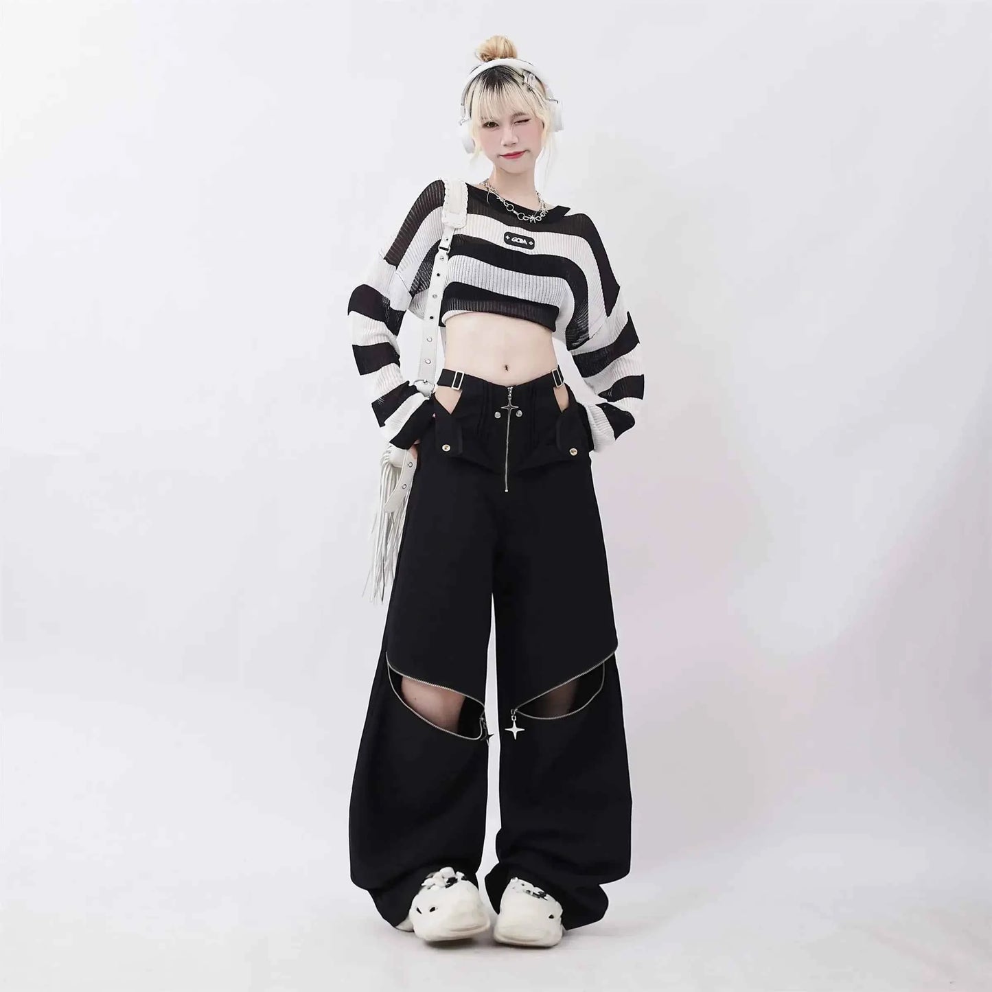 Black Cargo Zipper Design High Pants