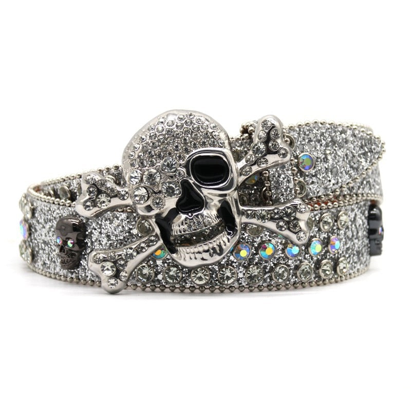 Skull Emblem Rhinestone Slim Belt - Y2K Grunge Aesthetic | LuxuryUrbanwear