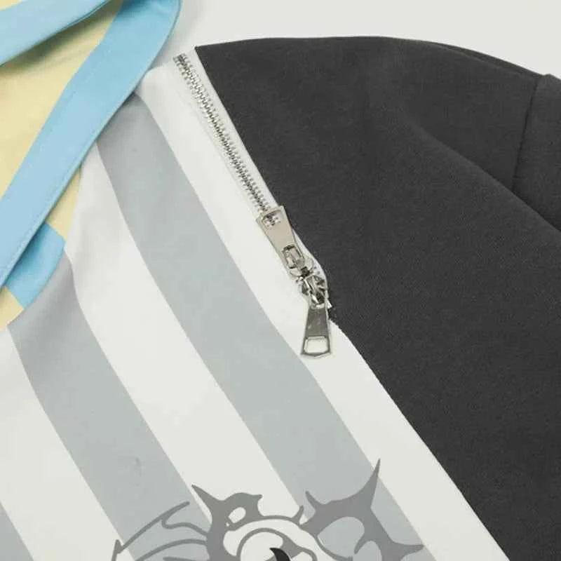 Y2K Insulated Retro Striped Patchwork Zipper Hoodie