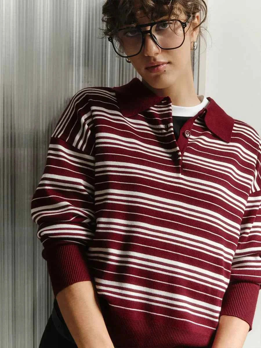 Streetwear Vintage Striped Knitted Polo Collar T-Shirt