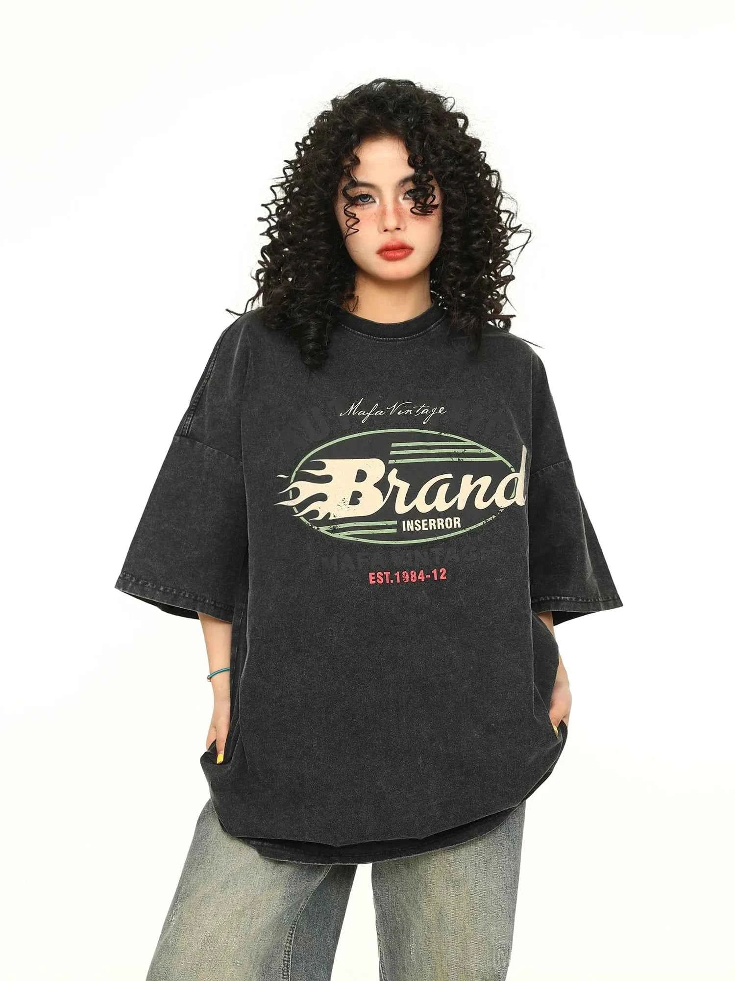 Vintage Alphabet Print Loose Cotton T-Shirt