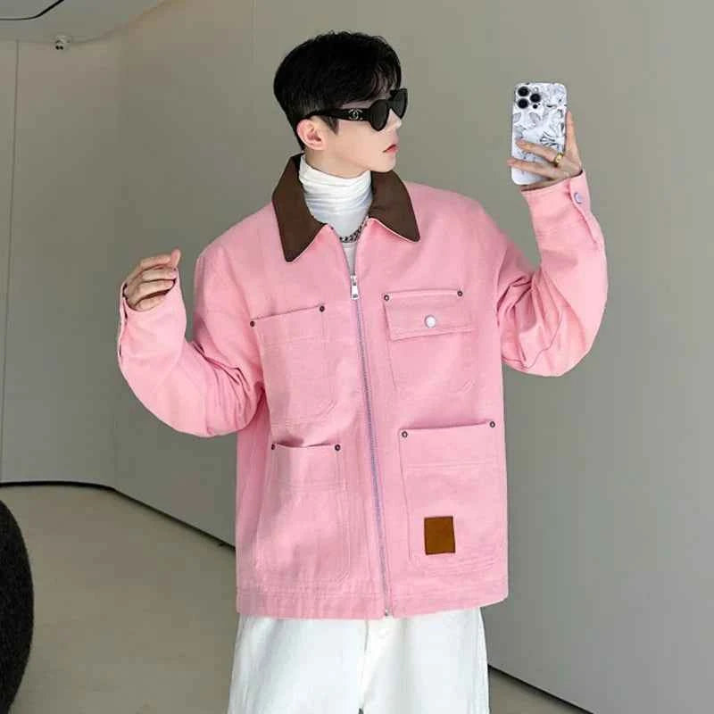 Korean Style Pink Turn-Down Collar Denim Jacket