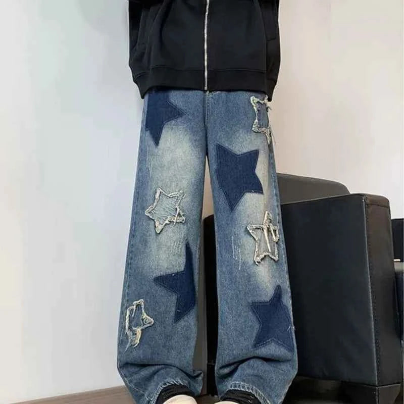 Embroidered Star Patchwork Wide Leg Jeans