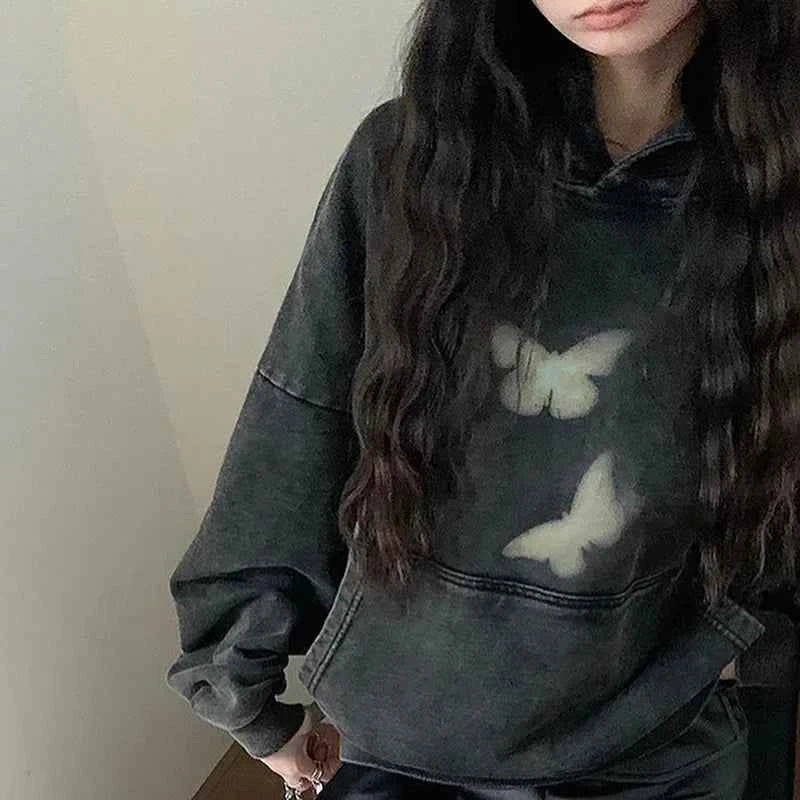 Butterfly Print Washed Black Oversized Hoodie