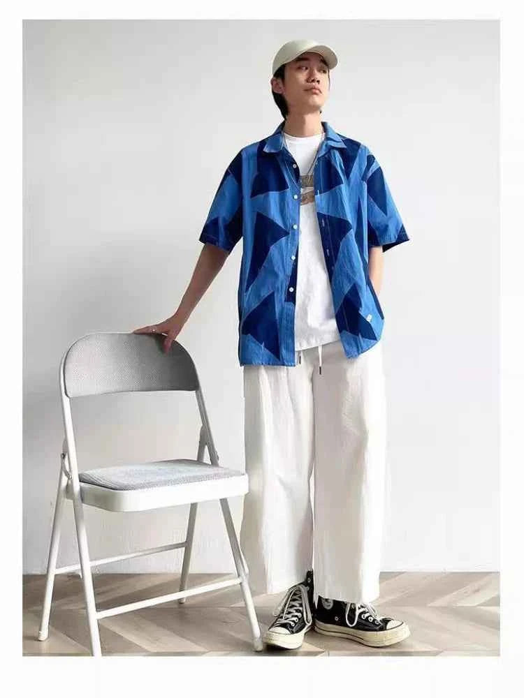 Y2K Street Style Navy Geometric Print Short Sleeve Shirt