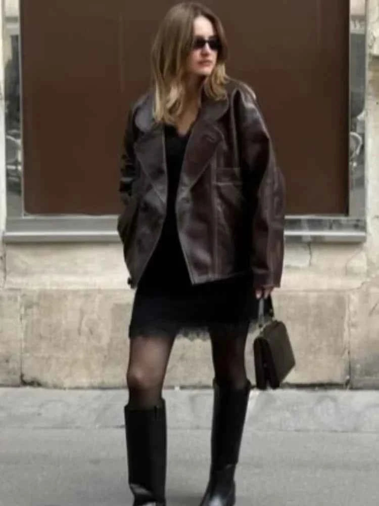 Burgundy Faux Long Sleeve Leather Jacket
