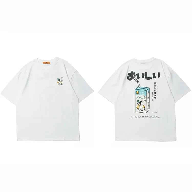 Oversize Japanese Kanji Letter Embroidered Drink T-Shirt