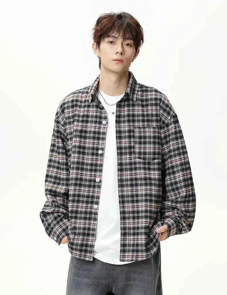 Retro Y2K Plaid Color Block Long Sleeve Shirt