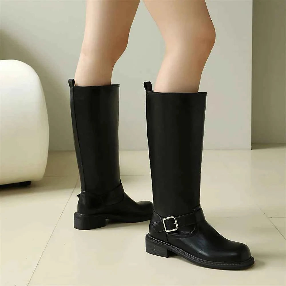 Retro Square High Heels Knee Leather Boots