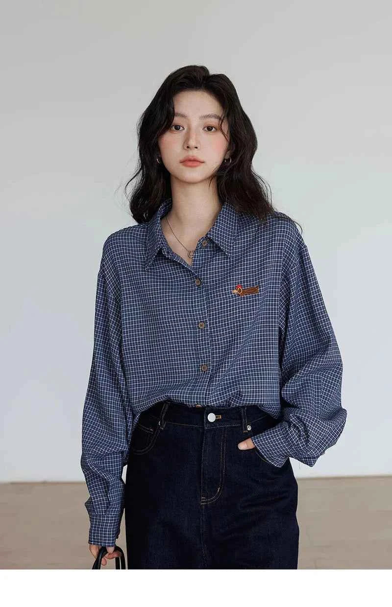 Oversize Vintage Plaid Japanes Style Blouse Shirt