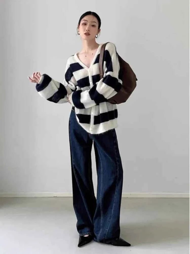 French Mohair Striped V-Neck Cardigan