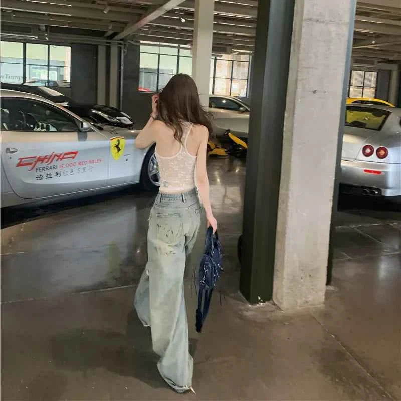 Vintage American Style Low Rise Ripped Jeans